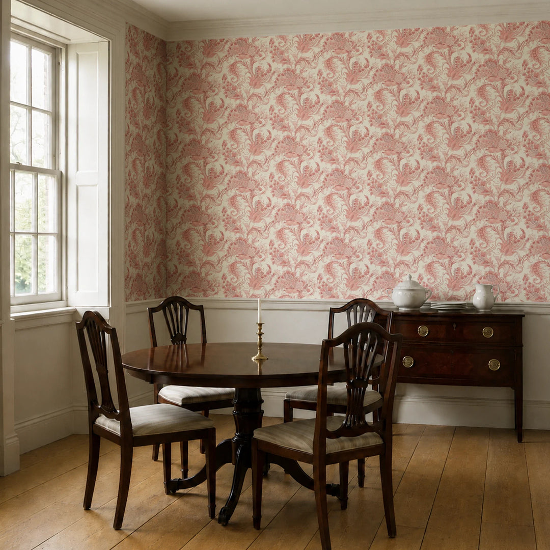 Ragged Poppy in Sandstone and Terracotta — terracotta poppy on a pale sandstone ground, large-scale block-printed floral repeat cohort1 vb dining