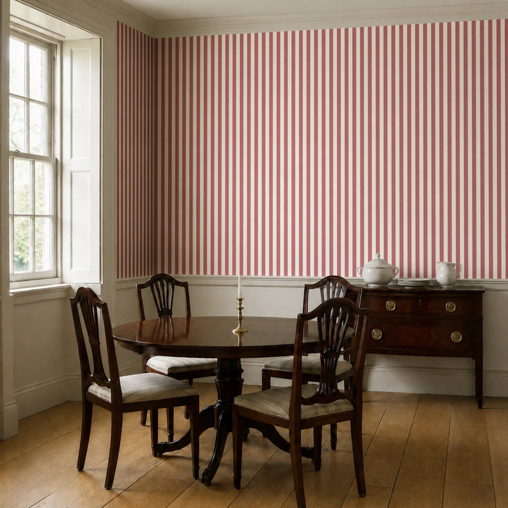 Dusty red and ivory 19th century equal-width stripe, red striated: wallpaper installed in a dining room