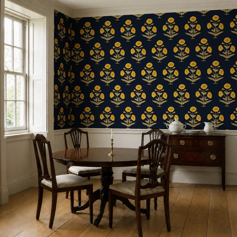 Yellow 17th century Mughal poppy plants on a navy ground: wallpaper installed in a dining room