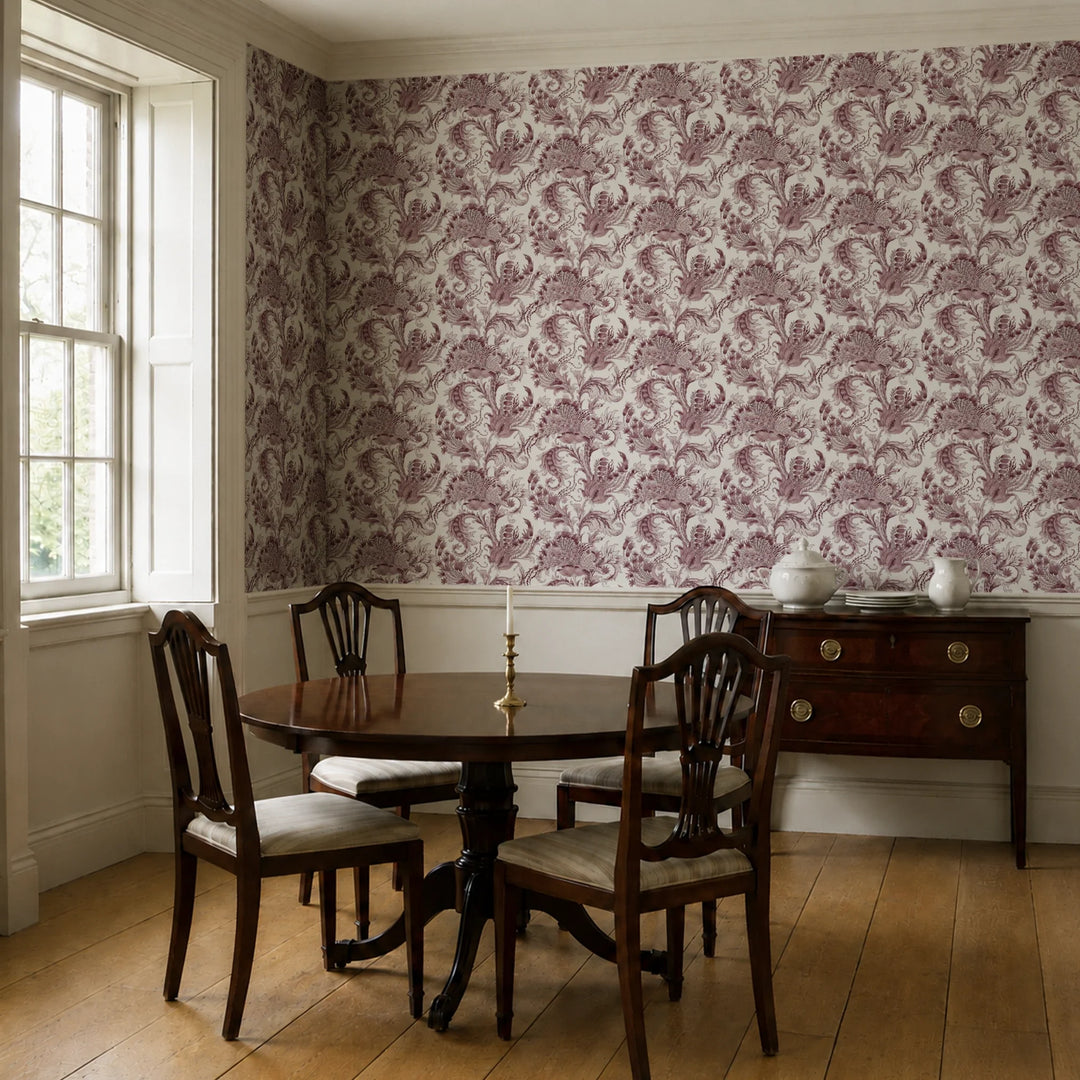 Ragged Poppy in Travertine and Blackcurrant — dark plum poppy on a pale grey travertine ground, high-contrast block-printed floral repeat cohort1 vb dining