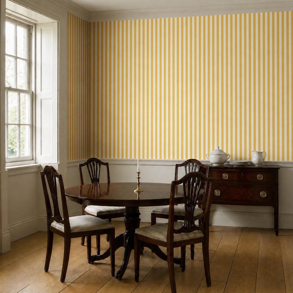 Marigold and ivory 19th century equal-width stripe, yellow striated: wallpaper installed in a dining room