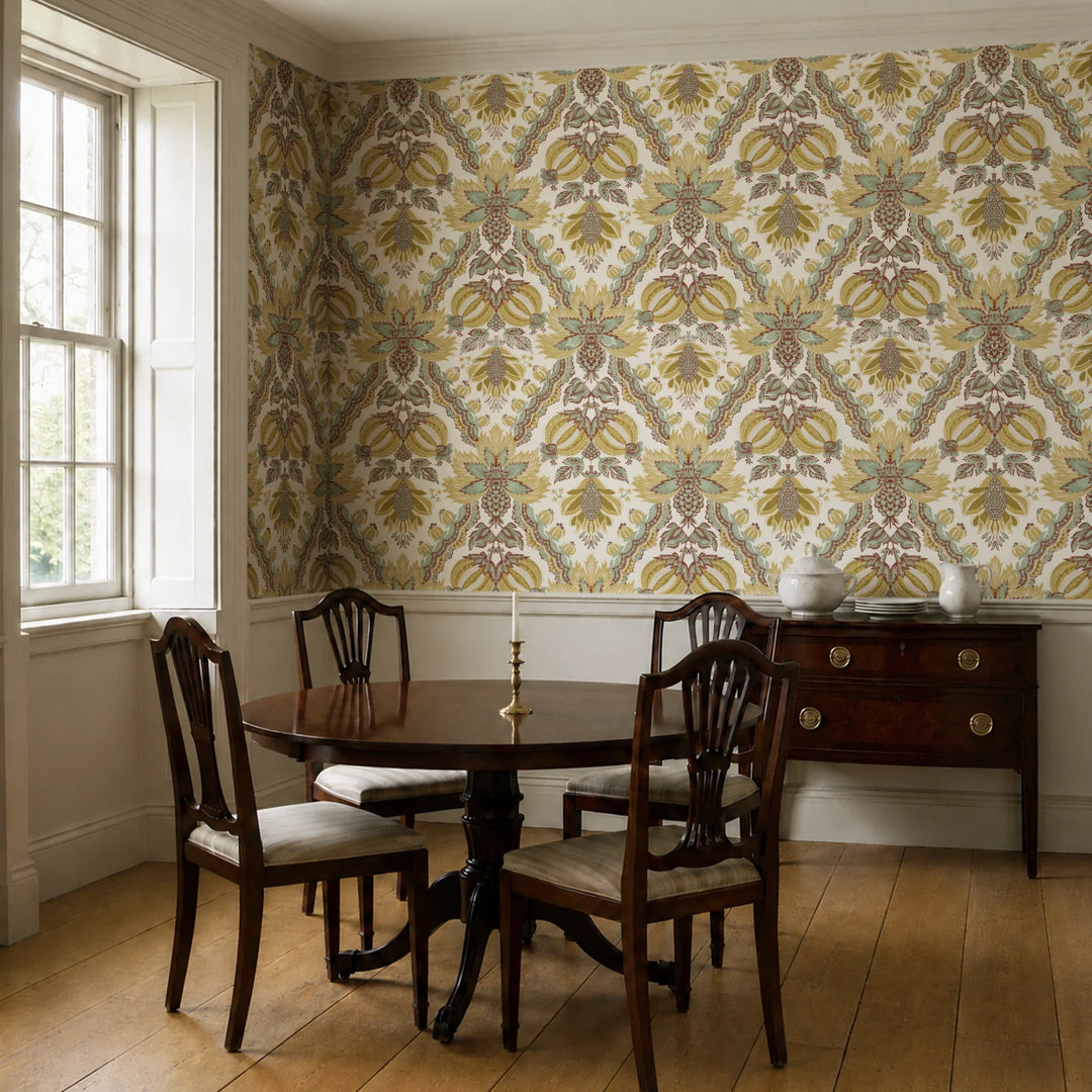 Flowering Pomegranate in linen and honey: an ogee lattice of lace borders framing a blossom held between two swelling pomegranates, translated from an 18th-century French block-printed quilt. cohort1 vb dining