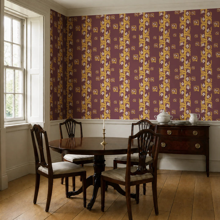 Marguerite in blackcurrant and marigold: spined, entwined stems forming vertical channels around massed daisy heads, translated from a c. 1904 Dutch linen damask finger towel by Cornelis van der Sluys. cohort1 vb dining