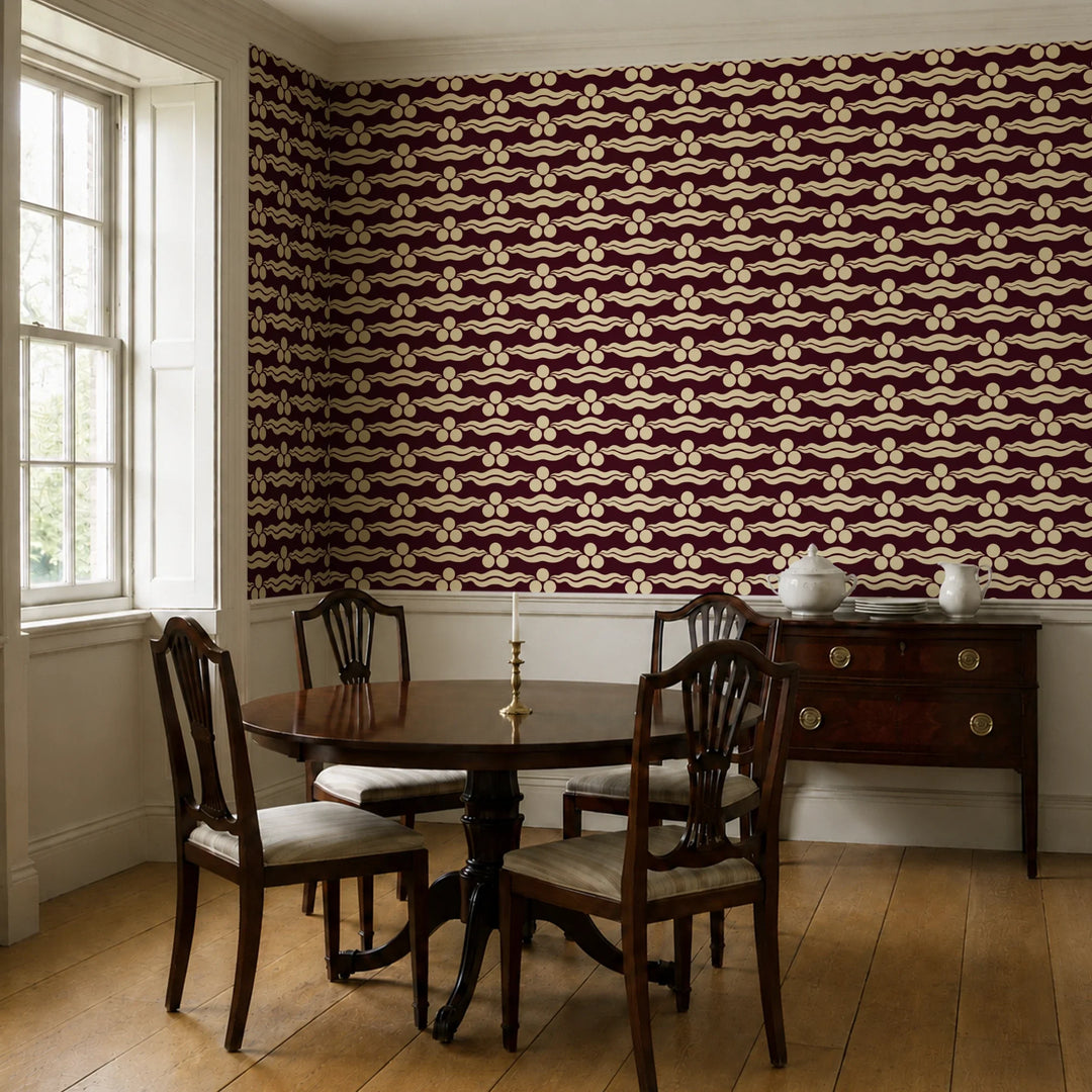 Chintamani Tiger in blackcurrant and flax: triple-disc chintamani roundels above paired wave bands, translated from a 15th-century Bursa silk velvet at The Metropolitan Museum of Art. cohort1 vb dining
