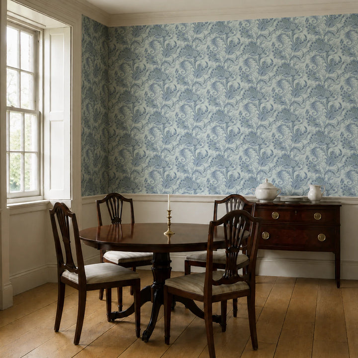 Ragged Poppy in Mist and Dusty Blue — mid-blue poppy on a soft blue-grey ground, large-scale block-printed floral repeat cohort1 vb dining
