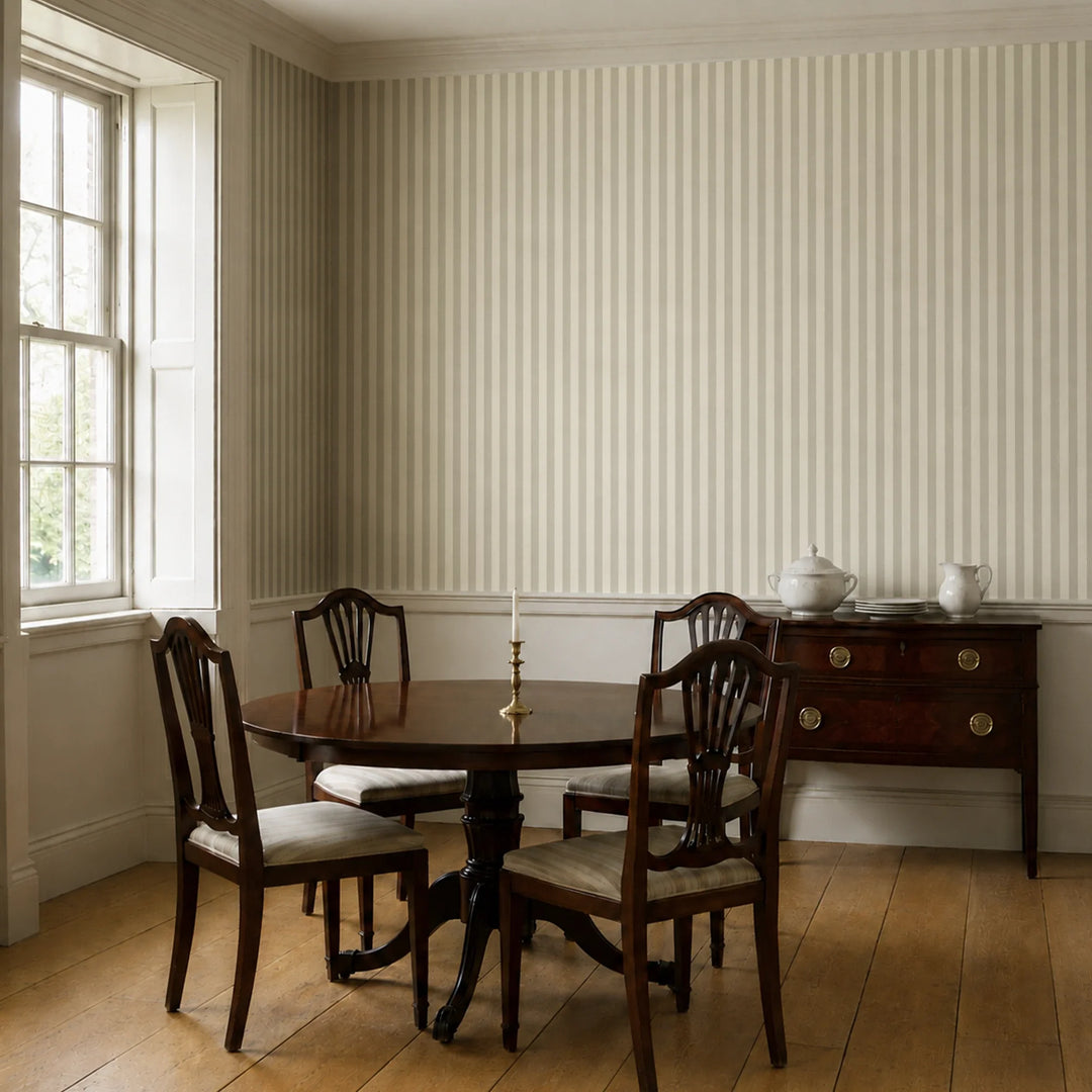 Warm greige 19th century equal-width stripe, deeper bands striated: wallpaper installed in a dining room