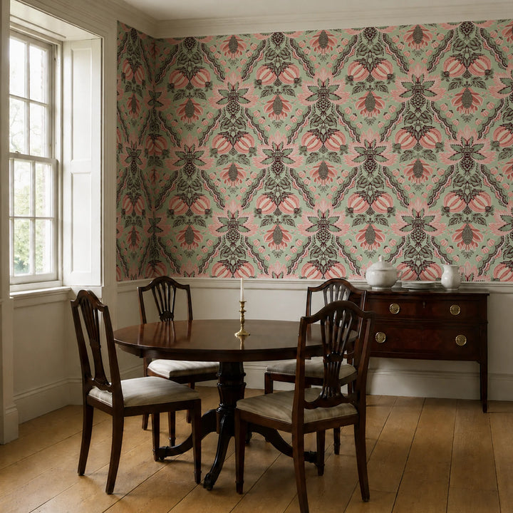 Flowering Pomegranate in eucalyptus and terracotta: an ogee lattice of lace borders framing a blossom held between two swelling pomegranates, translated from an 18th-century French block-printed quilt. cohort1 vb dining