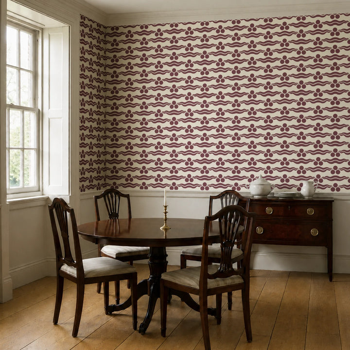 Chintamani Tiger in sandstone and blackcurrant: triple-disc chintamani roundels above paired wave bands, translated from a 15th-century Bursa silk velvet at The Metropolitan Museum of Art. cohort1 vb dining