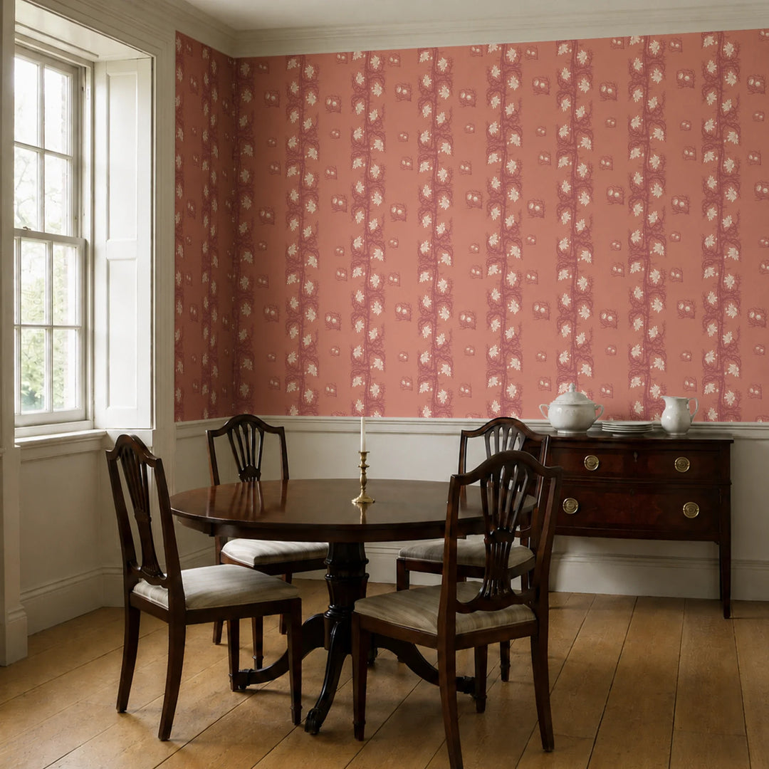 Marguerite in terracotta and pomegranate: spined, entwined stems forming vertical channels around massed daisy heads, translated from a c. 1904 Dutch linen damask finger towel by Cornelis van der Sluys. cohort1 vb dining