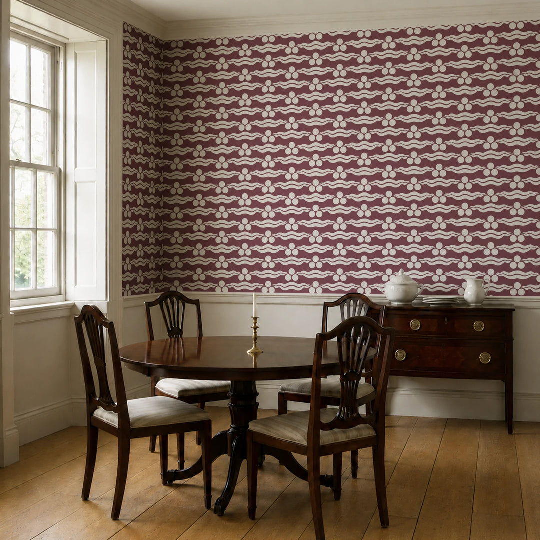 Chintamani Tiger in blackcurrant and travertine: triple-disc chintamani roundels above paired wave bands, translated from a 15th-century Bursa silk velvet at The Metropolitan Museum of Art. cohort1 vb dining