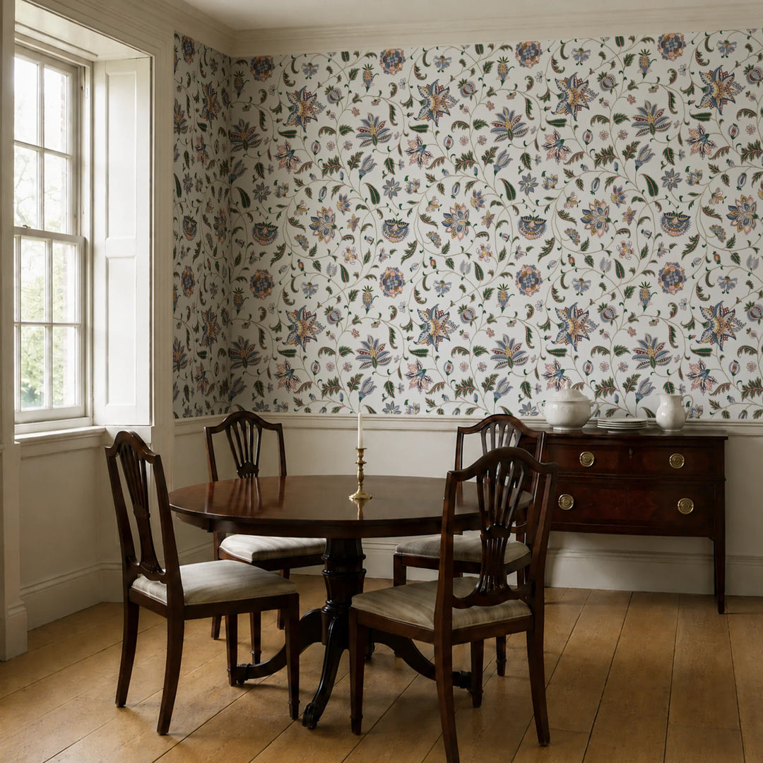 Navy floral vines on a grey ground wallpaper installed in a dining room