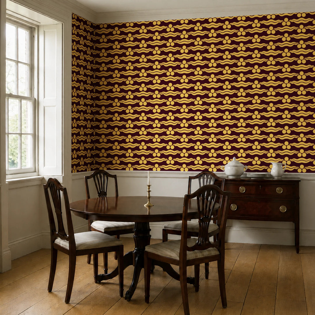Chintamani Tiger in blackcurrant and marigold: triple-disc chintamani roundels above paired wave bands, translated from a 15th-century Bursa silk velvet at The Metropolitan Museum of Art. cohort1 vb dining