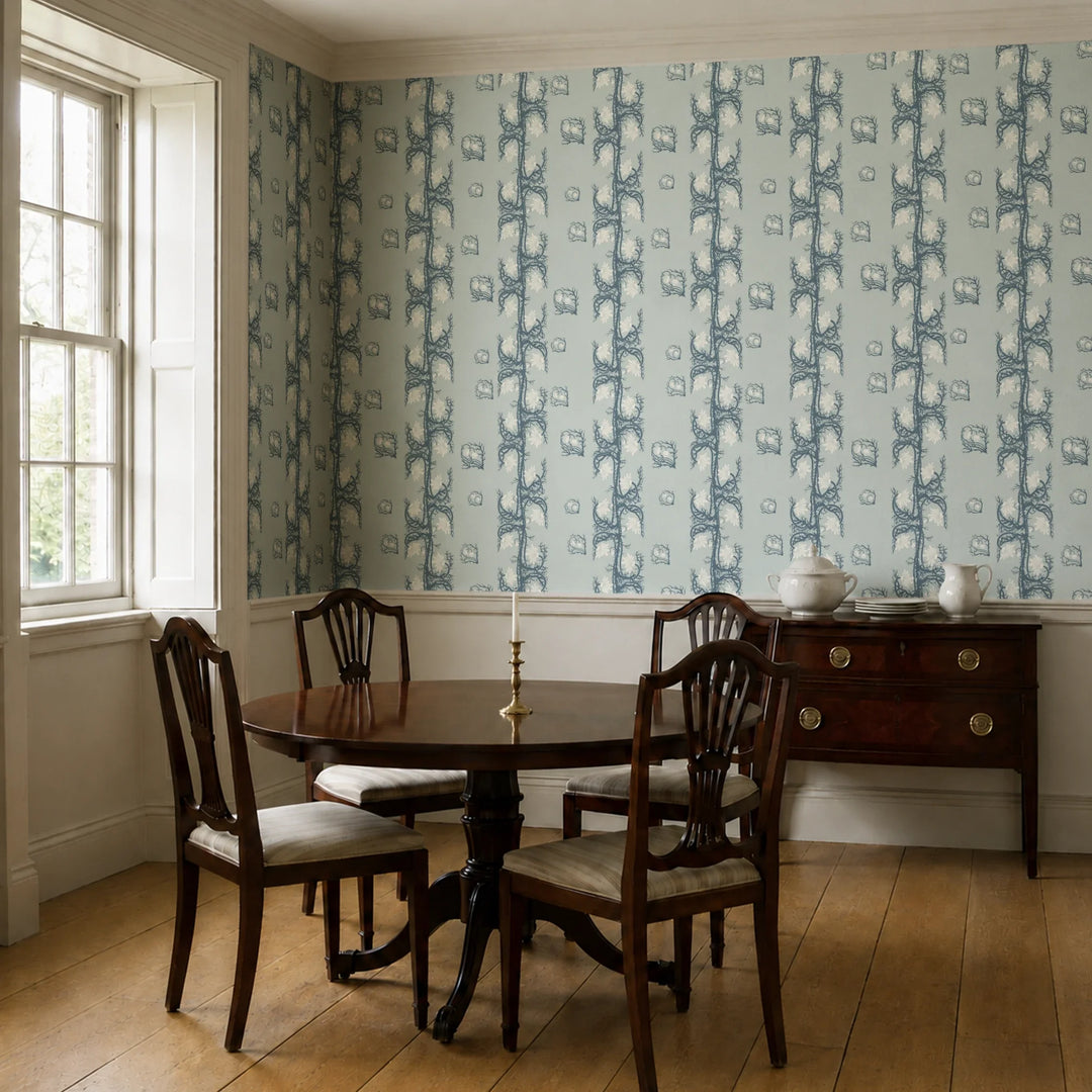 Marguerite in mist and slate: spined, entwined stems forming vertical channels around massed daisy heads, translated from a c. 1904 Dutch linen damask finger towel by Cornelis van der Sluys. cohort1 vb dining