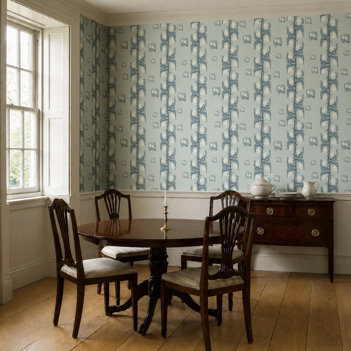 Marguerite in mist and slate: spined, entwined stems forming vertical channels around massed daisy heads, translated from a c. 1904 Dutch linen damask finger towel by Cornelis van der Sluys. cohort1 vb dining