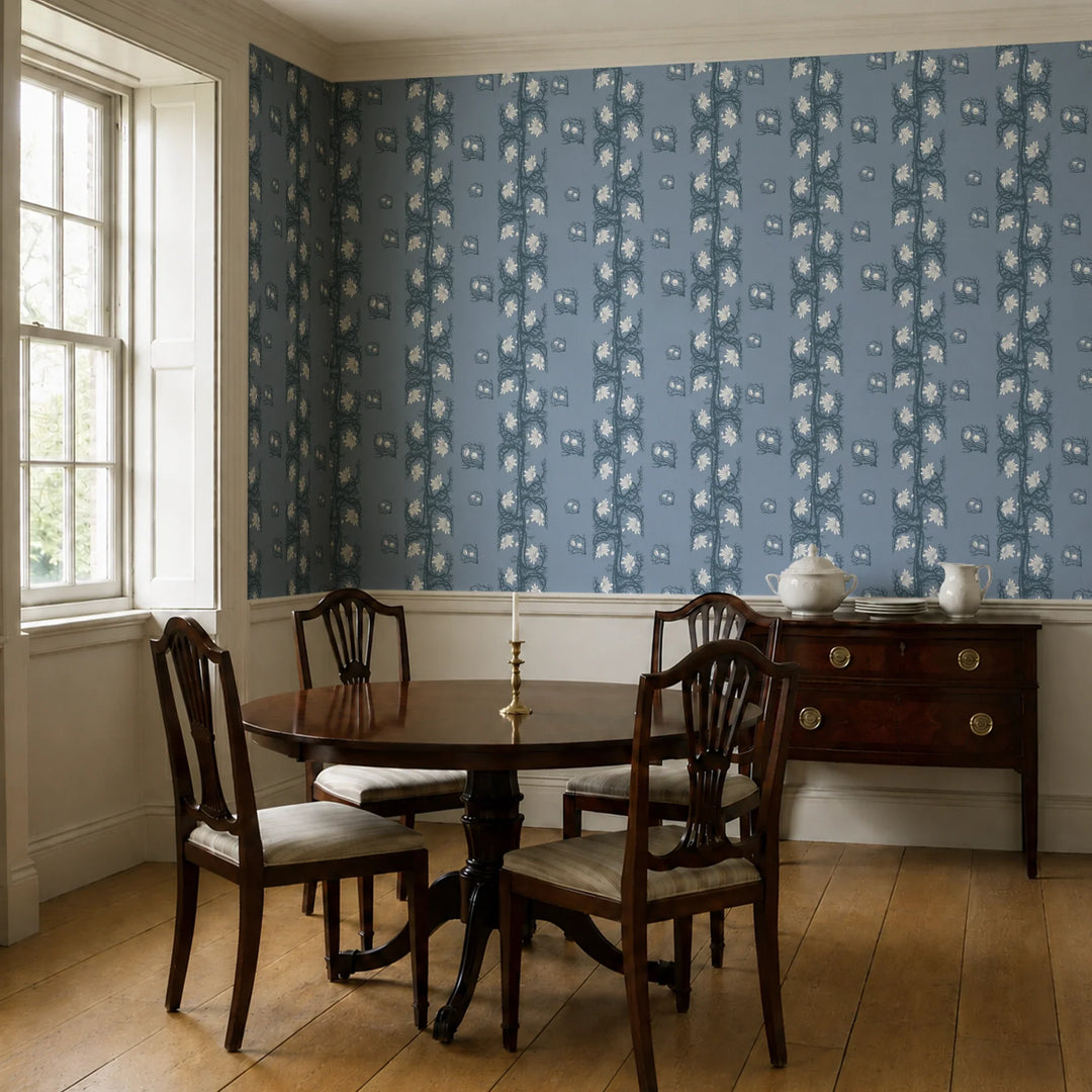 Marguerite in dusty blue and slate: spined, entwined stems forming vertical channels around massed daisy heads, translated from a c. 1904 Dutch linen damask finger towel by Cornelis van der Sluys. cohort1 vb dining