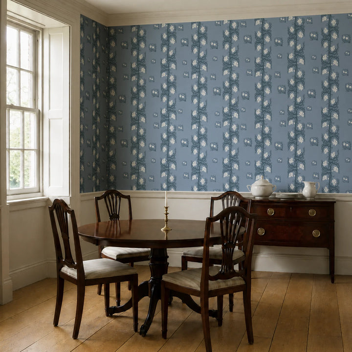 Marguerite in dusty blue and slate: spined, entwined stems forming vertical channels around massed daisy heads, translated from a c. 1904 Dutch linen damask finger towel by Cornelis van der Sluys. cohort1 vb dining