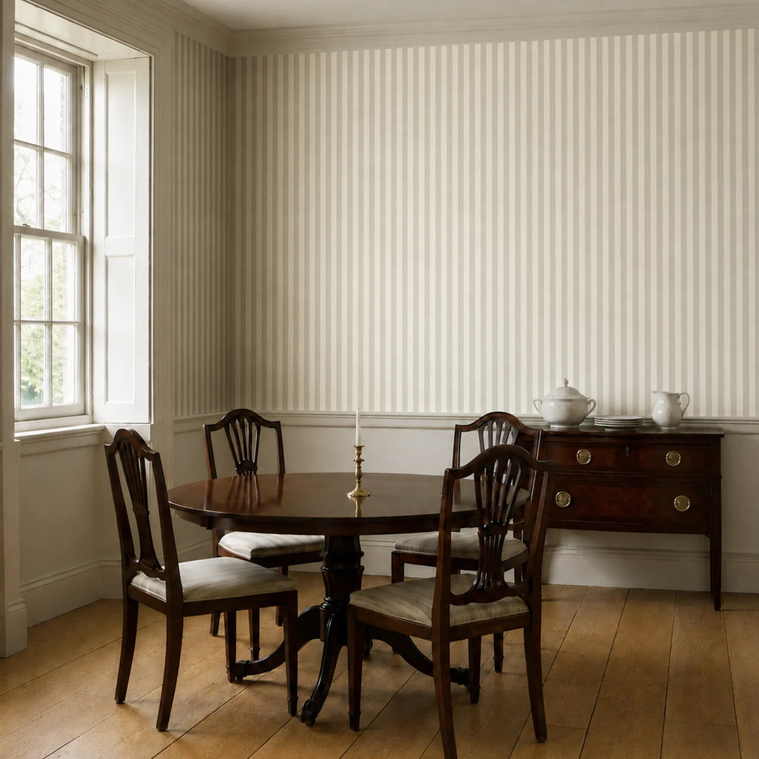 Cream and greige 19th century equal-width stripe, greige striated: wallpaper installed in a dining room