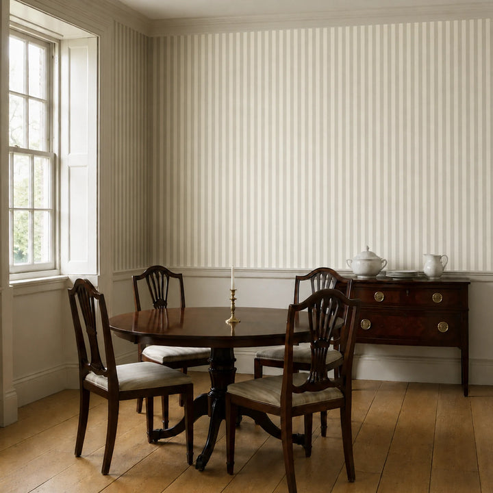 Cream and greige 19th century equal-width stripe, greige striated: wallpaper installed in a dining room