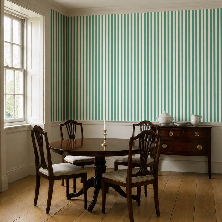 Blue-green and ivory 19th century equal-width stripe, green striated: wallpaper installed in a dining room