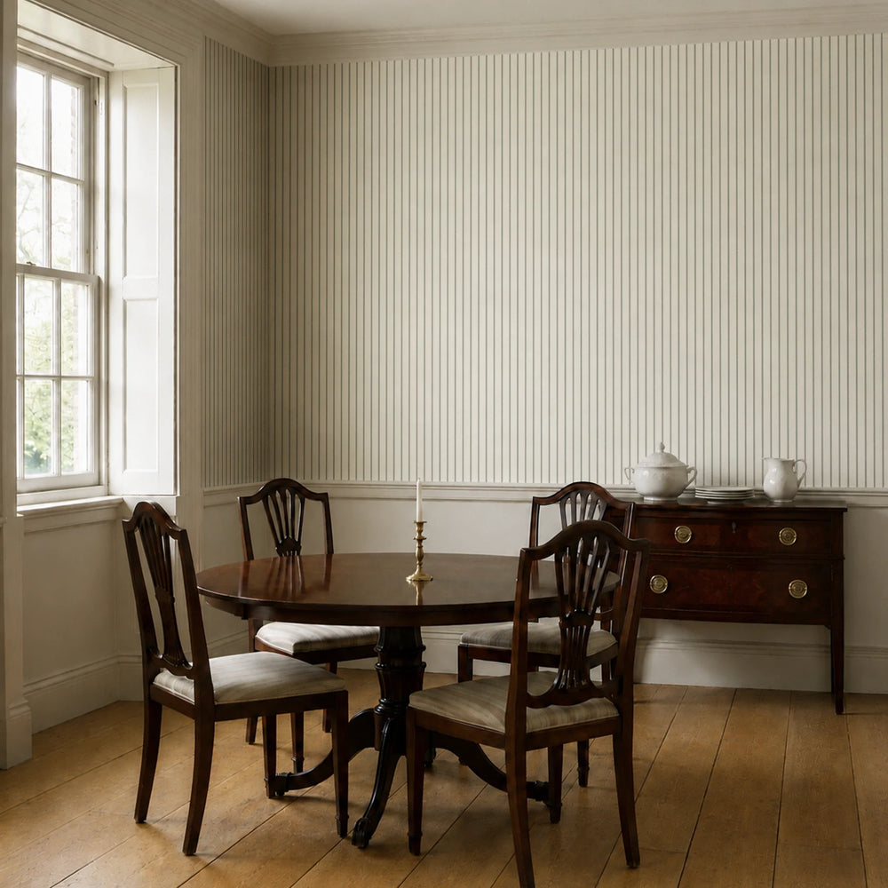 Grey-green woven-texture pencil stripe on a beige ground: wallpaper installed in a dining room