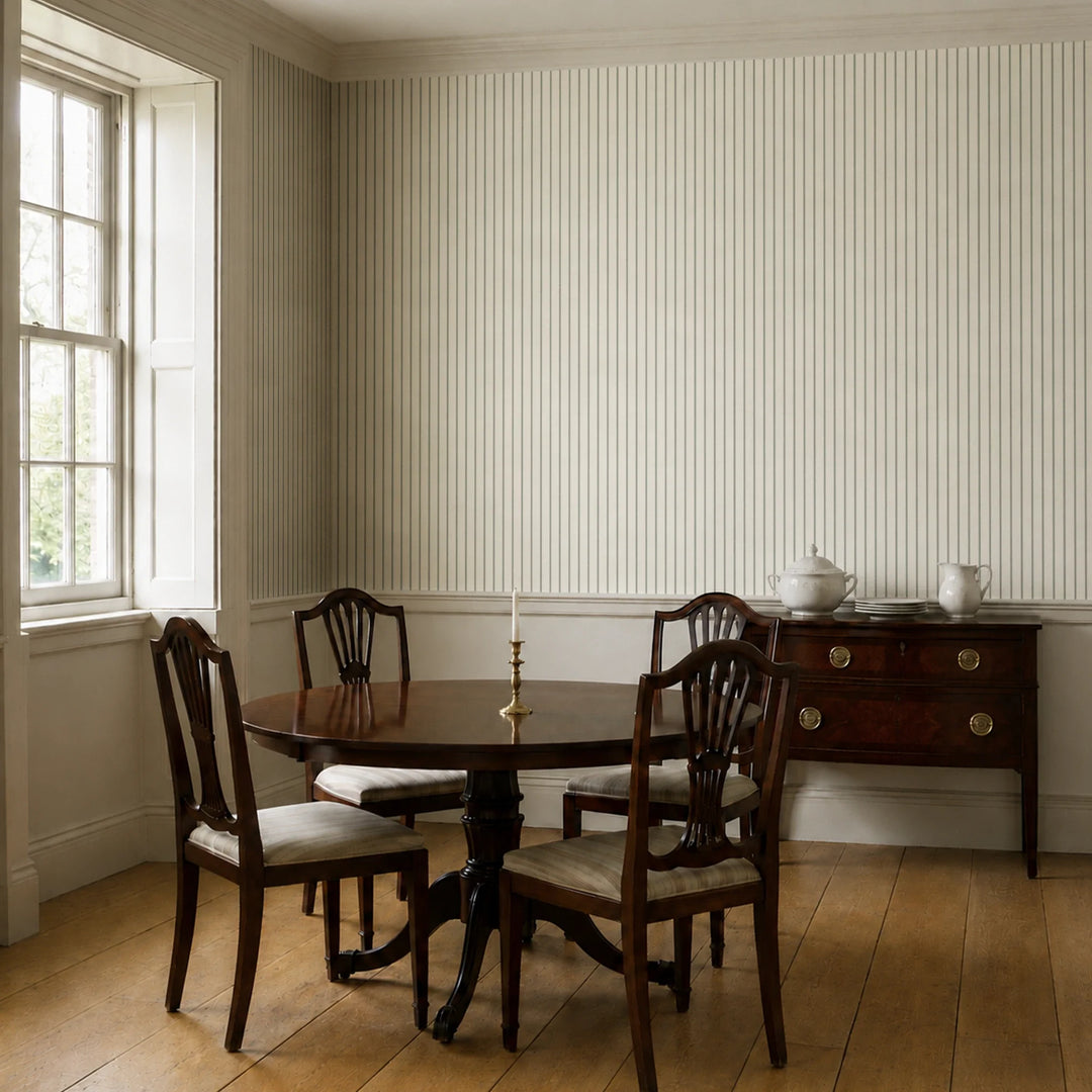 Grey-green woven-texture pencil stripe on a beige ground: wallpaper installed in a dining room
