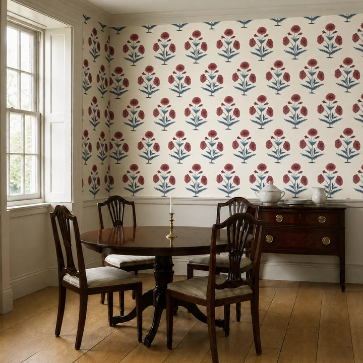 Mughal Poppy, Ivory / Pomegranate Fabric by the Yard