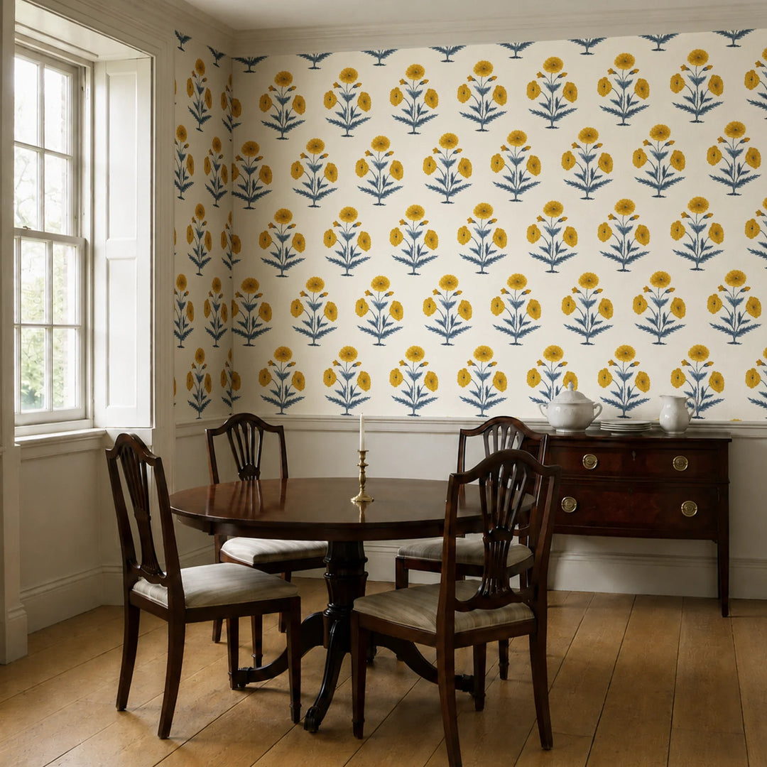 Mughal Poppy, Ivory / Marigold Fabric by the Yard