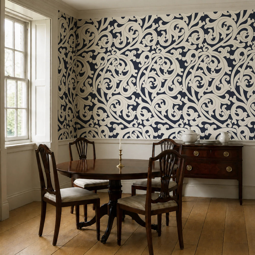 Large beige acanthus scroll motif on a navy ground: wallpaper installed in a dining room