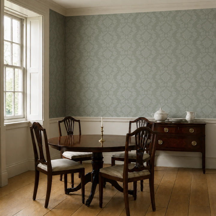 Grey-green early 20th century tone-on-tone brocade bouquets: wallpaper installed in a dining room