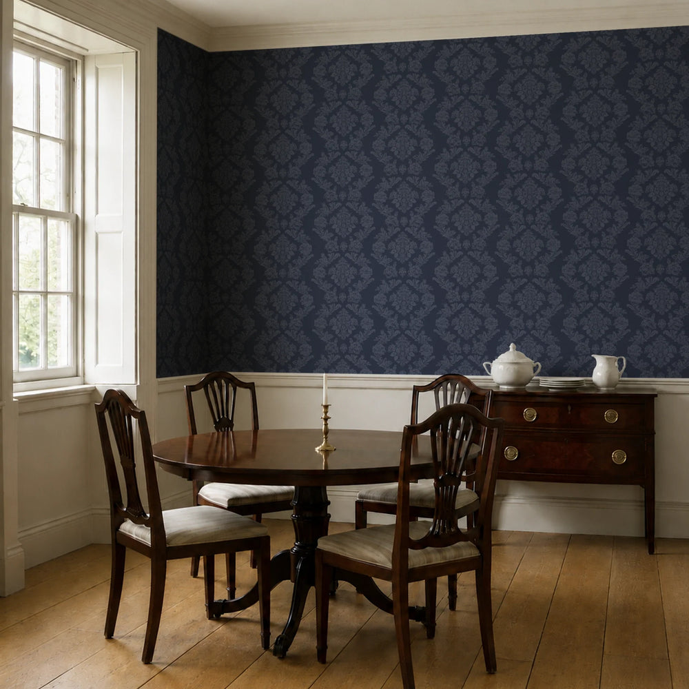 Navy early 20th century tone-on-tone brocade bouquets: wallpaper installed in a dining room