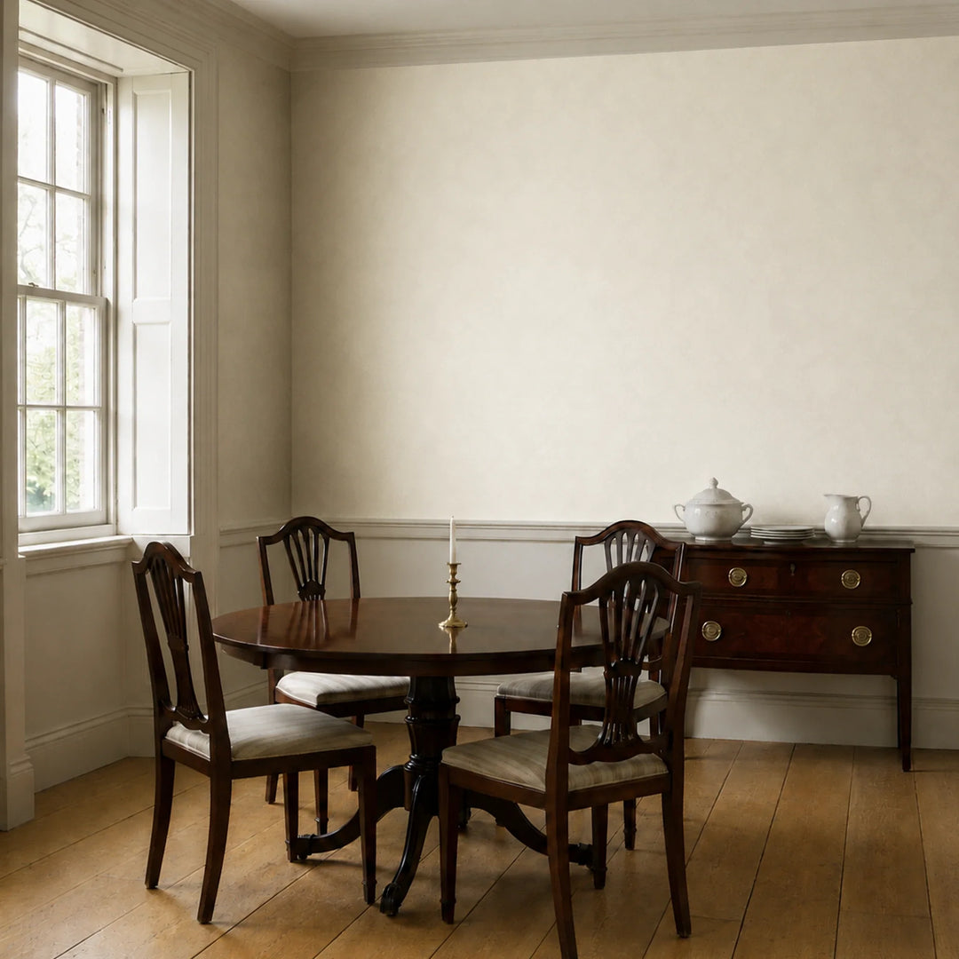 Cream early 20th century tone-on-tone brocade bouquets: wallpaper installed in a dining room