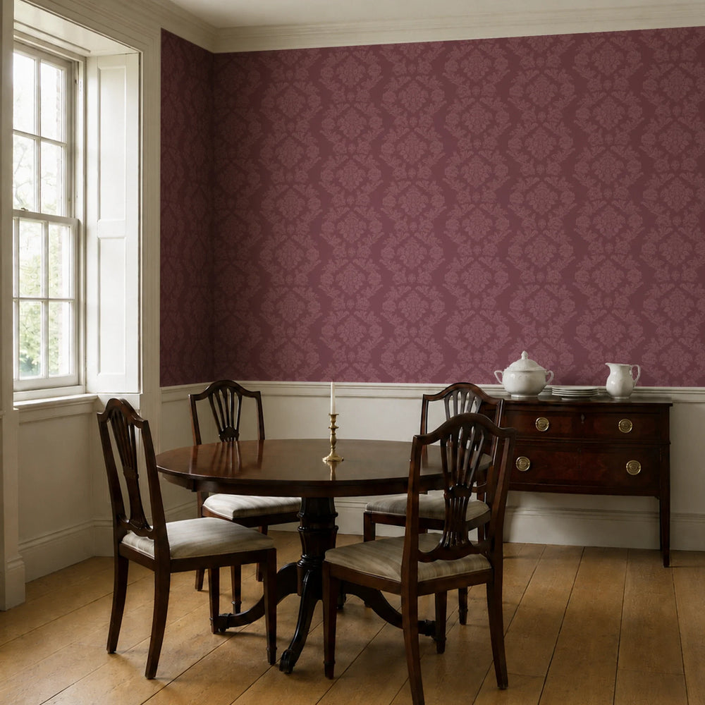 Dark purple early 20th century tone-on-tone brocade bouquets: wallpaper installed in a dining room