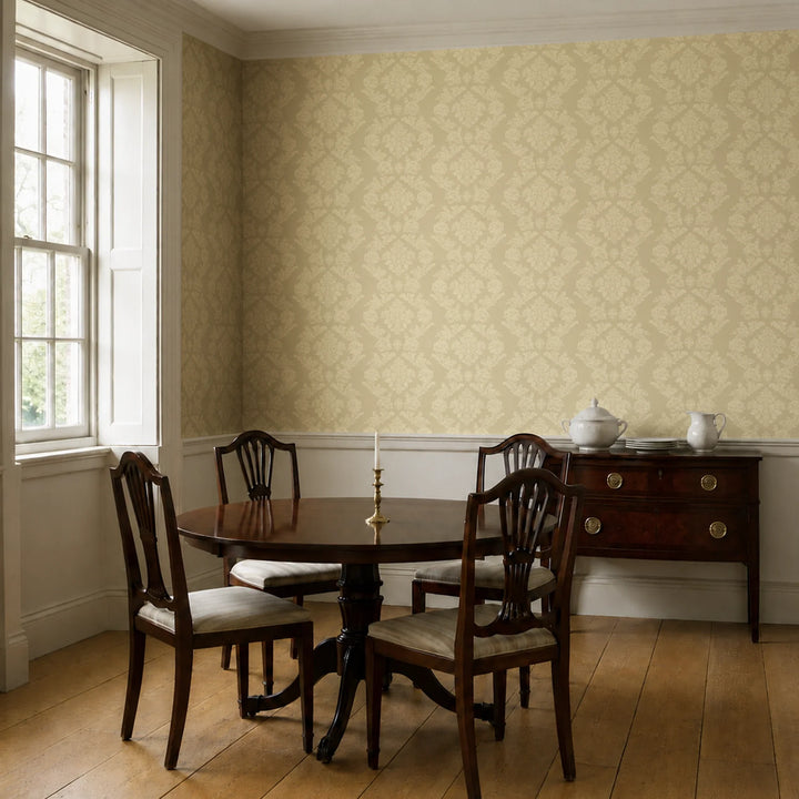 Gold early 20th century tone-on-tone brocade bouquets: wallpaper installed in a dining room