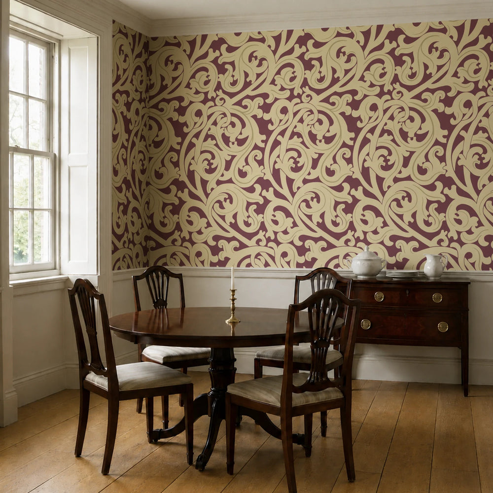 Large gold acanthus scroll motif on a red ground: wallpaper installed in a dining room