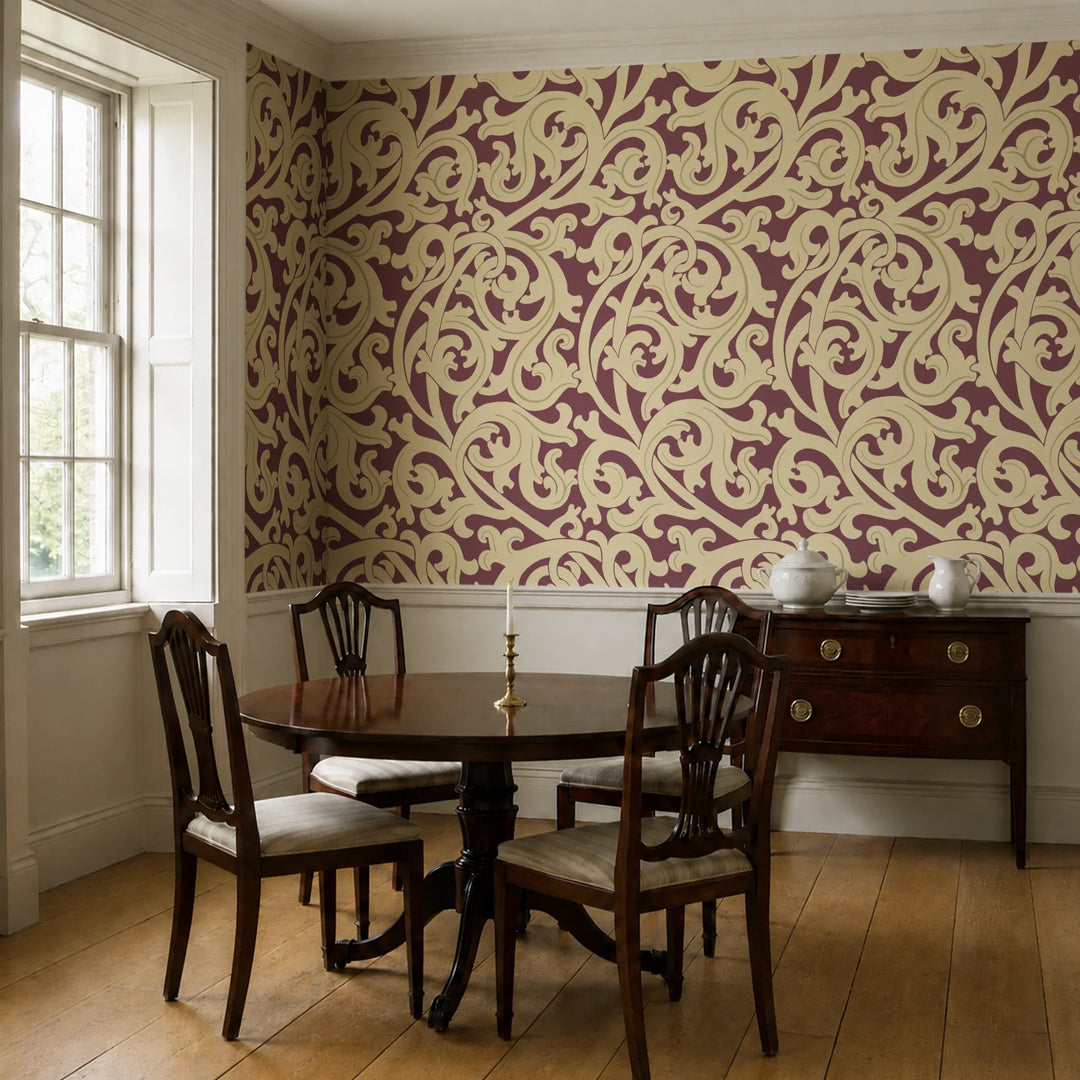 Large gold acanthus scroll motif on a red ground: wallpaper installed in a dining room