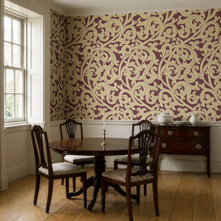 Large gold acanthus scroll motif on a red ground: wallpaper installed in a dining room