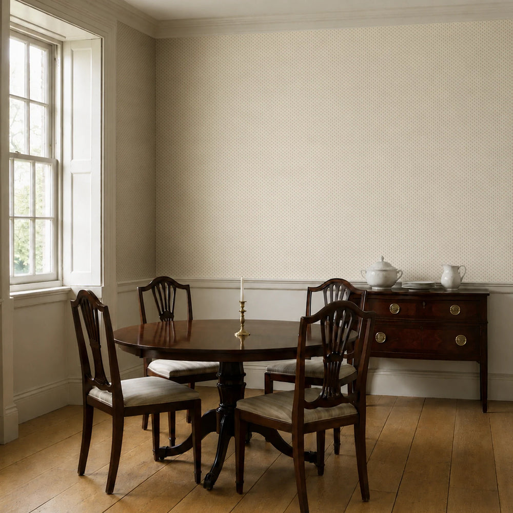Warm brown Second Empire tulip silhouette on a pale greige ground: wallpaper installed in a dining room