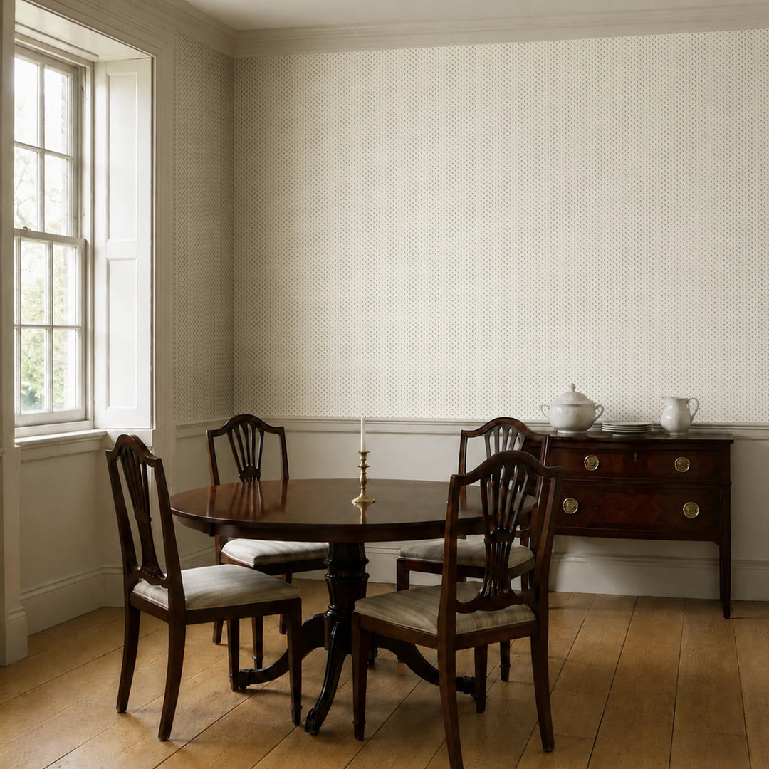Blue-grey Second Empire tulip silhouette on a warm ivory ground: wallpaper installed in a dining room