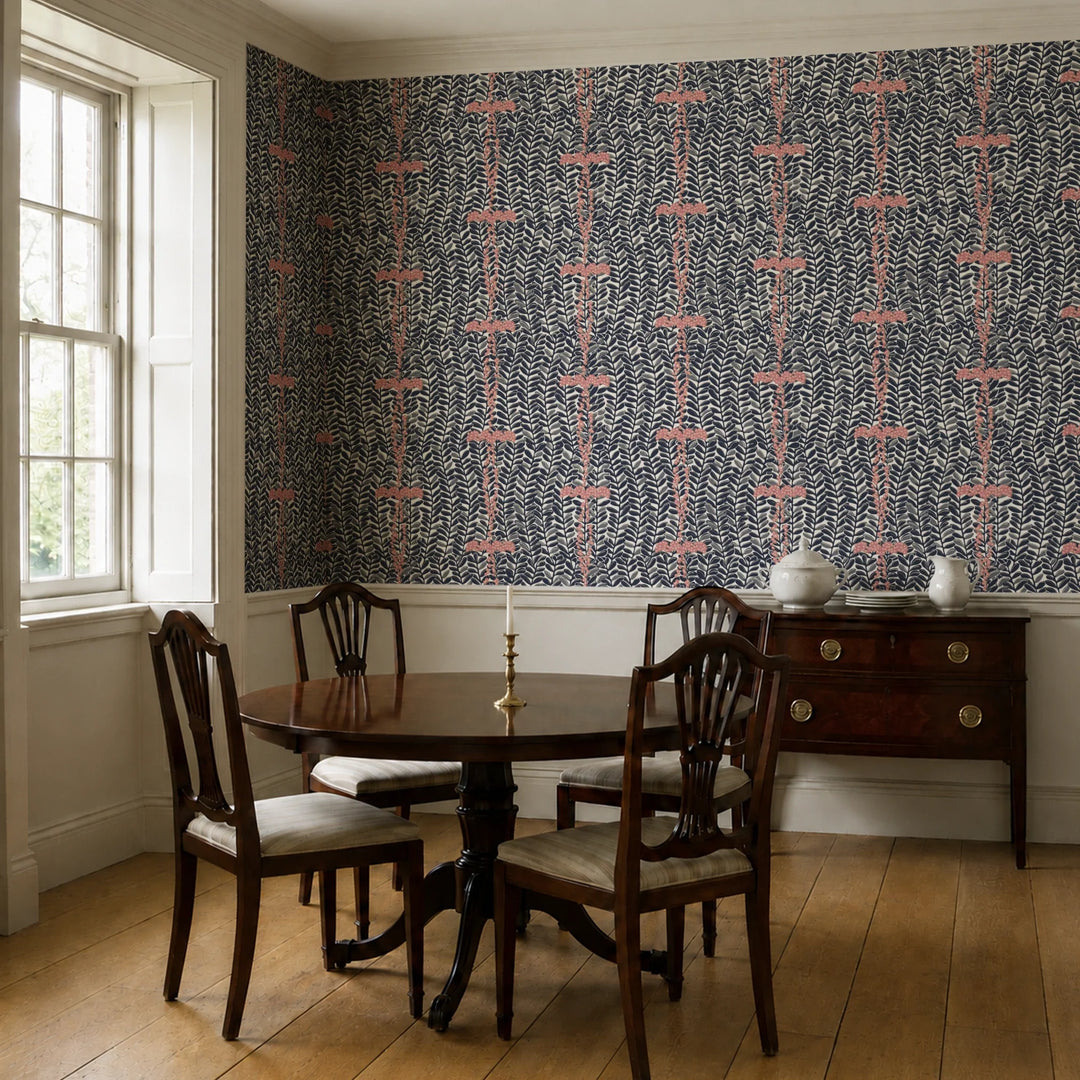 Navy 1918 leaf sprays with red berries on a beige ground: wallpaper installed in a dining room