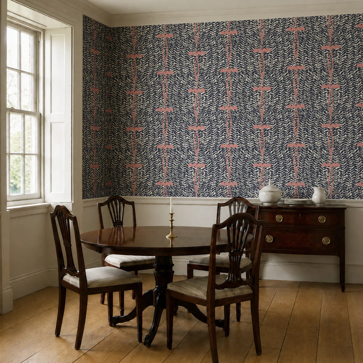 Navy 1918 leaf sprays with red berries on a beige ground: wallpaper installed in a dining room
