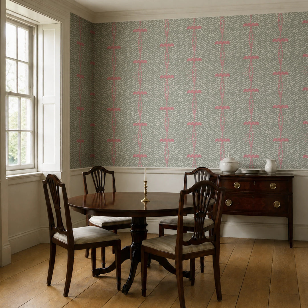 Grey-green 1918 leaf sprays with red berries on a grey ground: wallpaper installed in a dining room