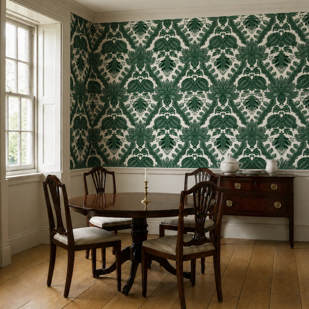 Dark green 18th century French pomegranate ogee on a beige ground: wallpaper installed in a dining room