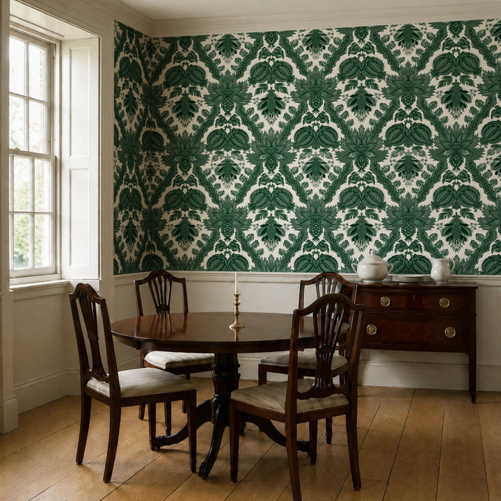 Dark green 18th century French pomegranate ogee on a beige ground: wallpaper installed in a dining room