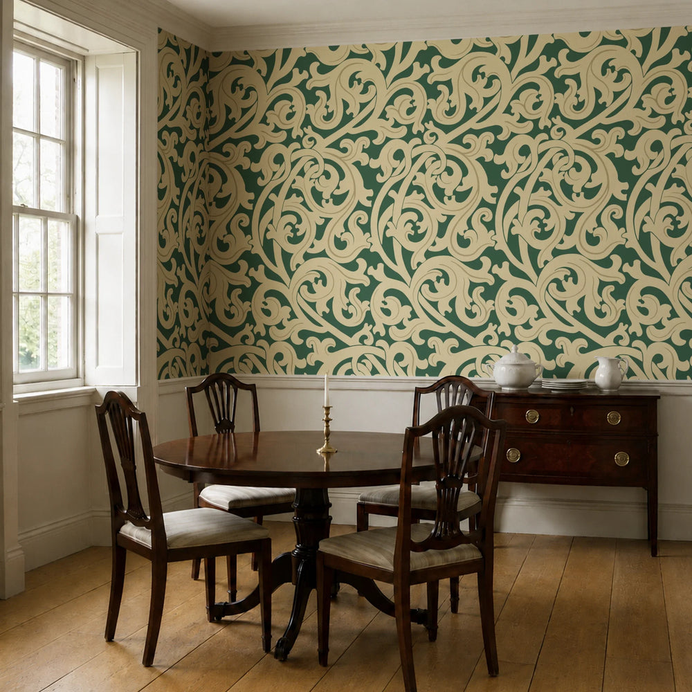 Large gold acanthus scroll motif on a green ground: wallpaper installed in a dining room
