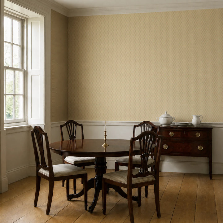 Dusty red Second Empire tulip silhouette on a warm tan ground: wallpaper installed in a dining room