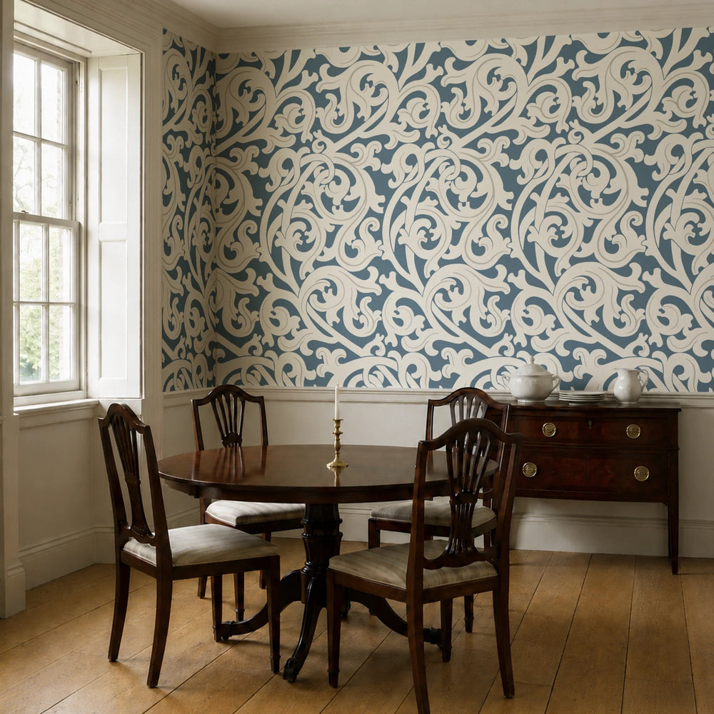 Large beige acanthus scroll motif on a blue ground: wallpaper installed in a dining room