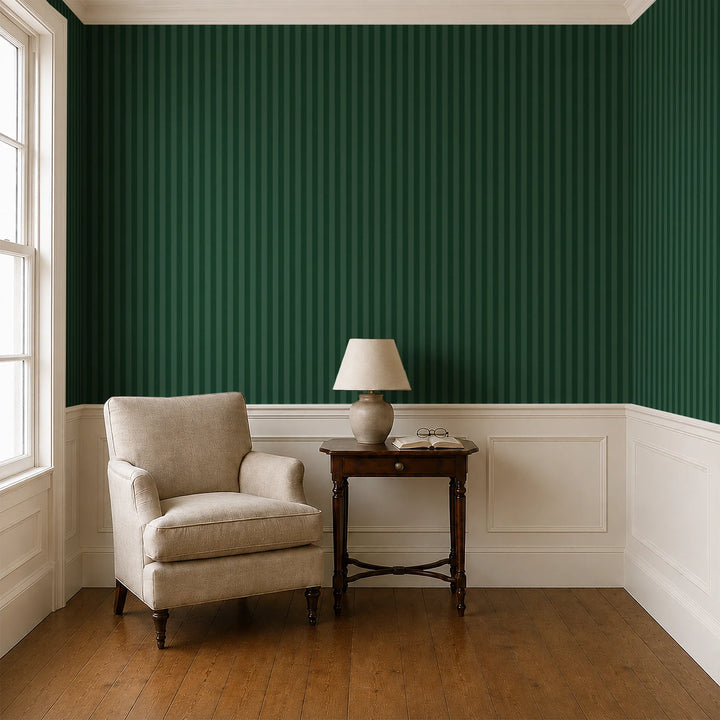 Deep green 19th century equal-width stripe, darker bands striated: wallpaper installed in a parlor with panelled dado
