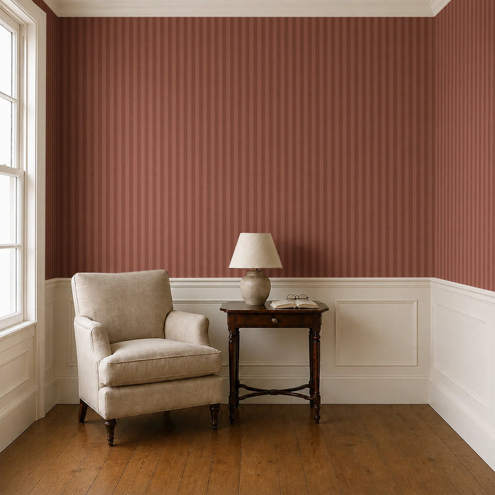Warm brown 19th century equal-width stripe, darker bands striated: wallpaper installed in a parlor with panelled dado