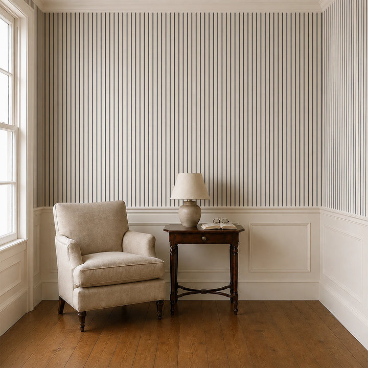 Navy woven-texture pencil stripe on a white ground: wallpaper installed in a parlor with panelled dado