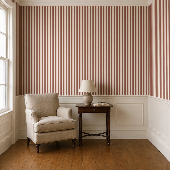 Warm brown and ivory 19th century equal-width stripe, brown striated: wallpaper installed in a parlor with panelled dado